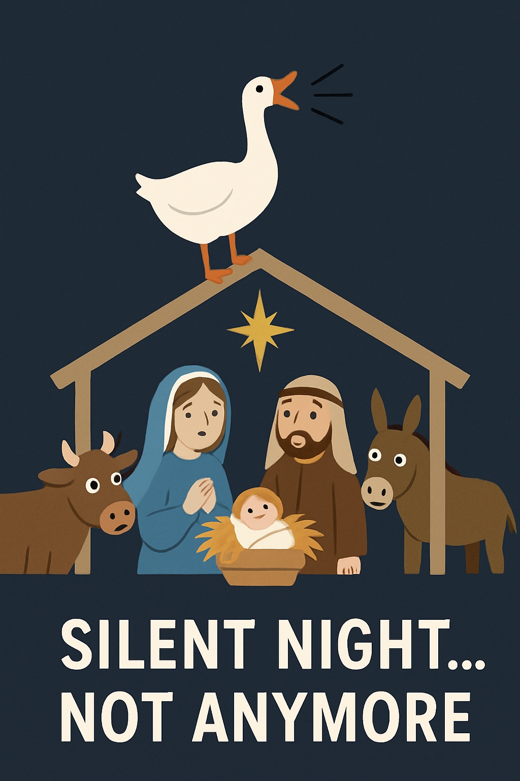 Humorous Cartoon Nativity Scene with Goose and Characters Card