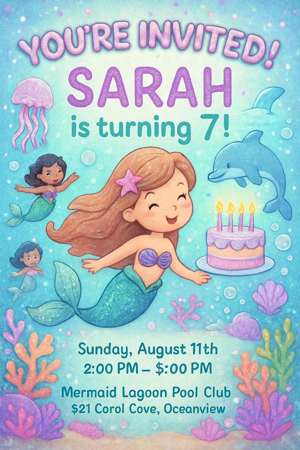 Whimsical Underwater Theme Birthday Invitation for Sarah's 7th Party Cards & Invite
