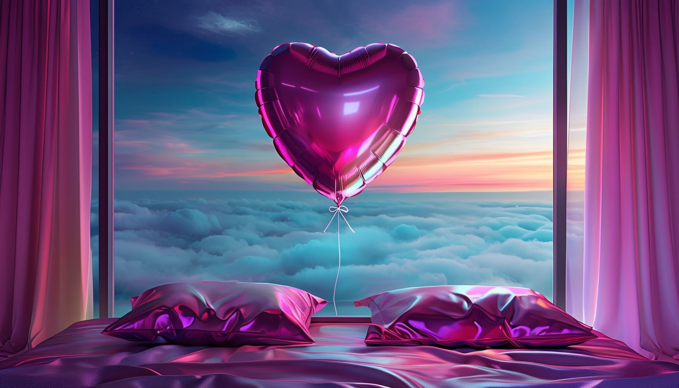 Surreal Intimate Bedroom Scene with Heart Balloon Virtual Background