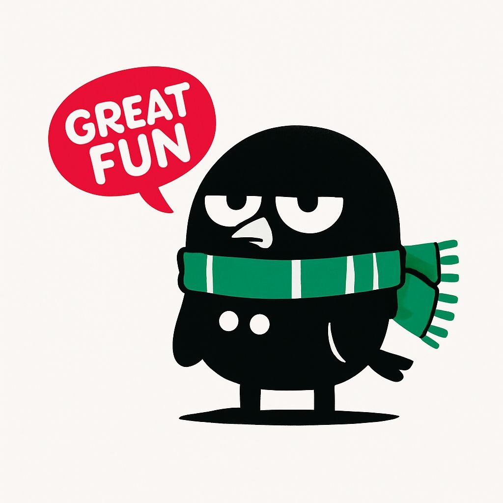 Tired Black Bird with Green Scarf and 'Great Fun' Speech Bubble Sticker
