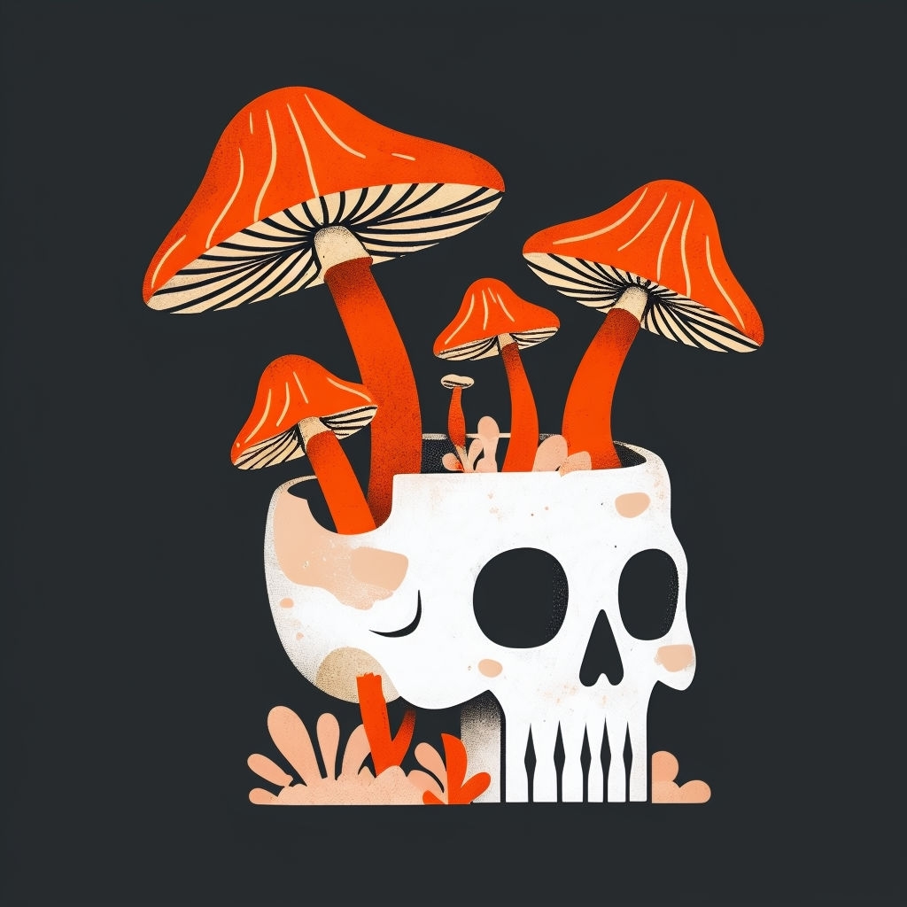 Whimsical Skull and Orange Mushrooms Illustration T-Shirt