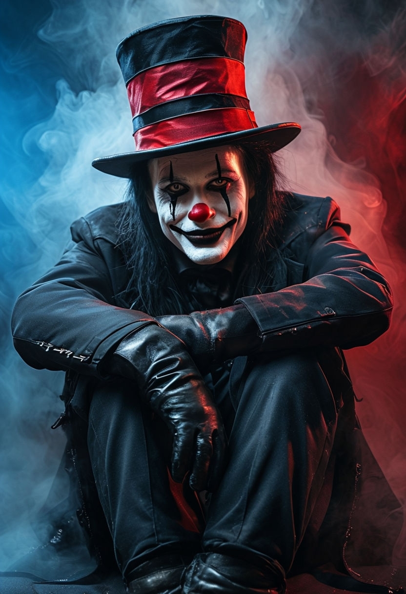 Eerie Clown Portrait with Dramatic Lighting and Striped Top Hat Art ...