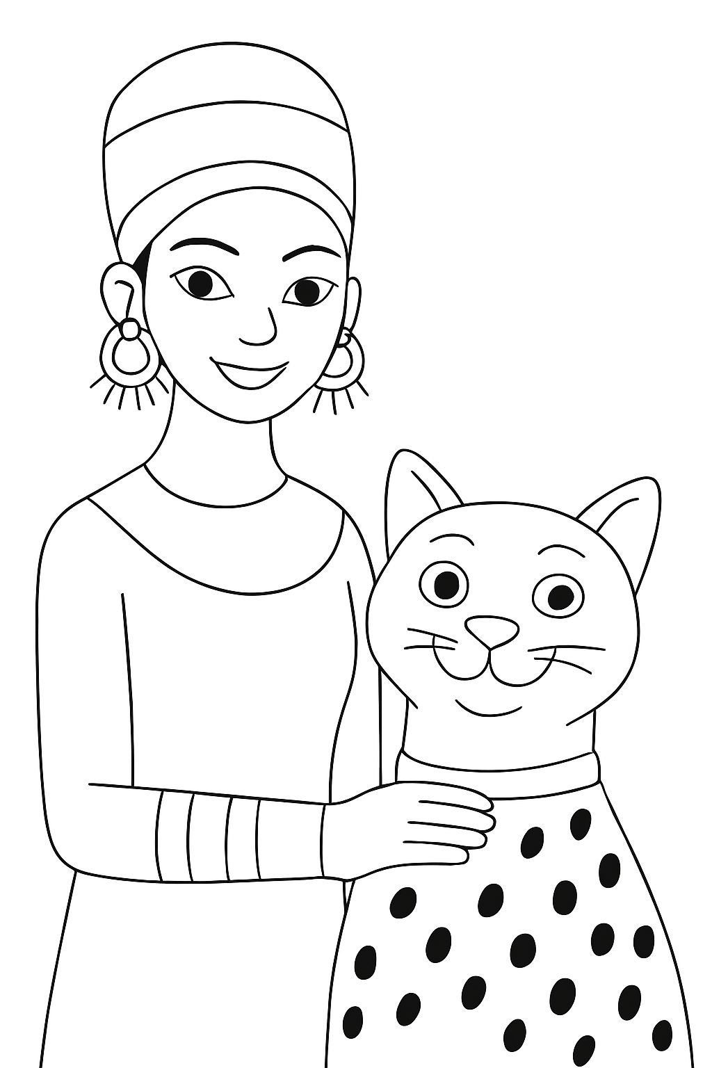 Charming Cartoon Woman with Cat Illustration for Coloring Book Pages