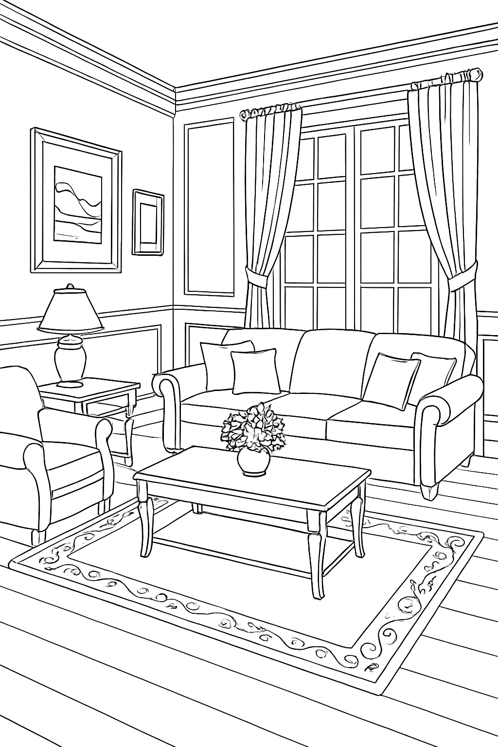 Elegant Minimalist Living Room Line Drawing Coloring Page