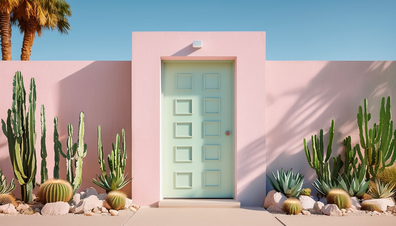 Modern Minimalist House with Cacti and Blue Sky Virtual Background