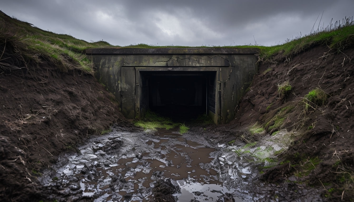 Eerie Concrete Bunker Entrance in Gloomy Landscape Backgrounds