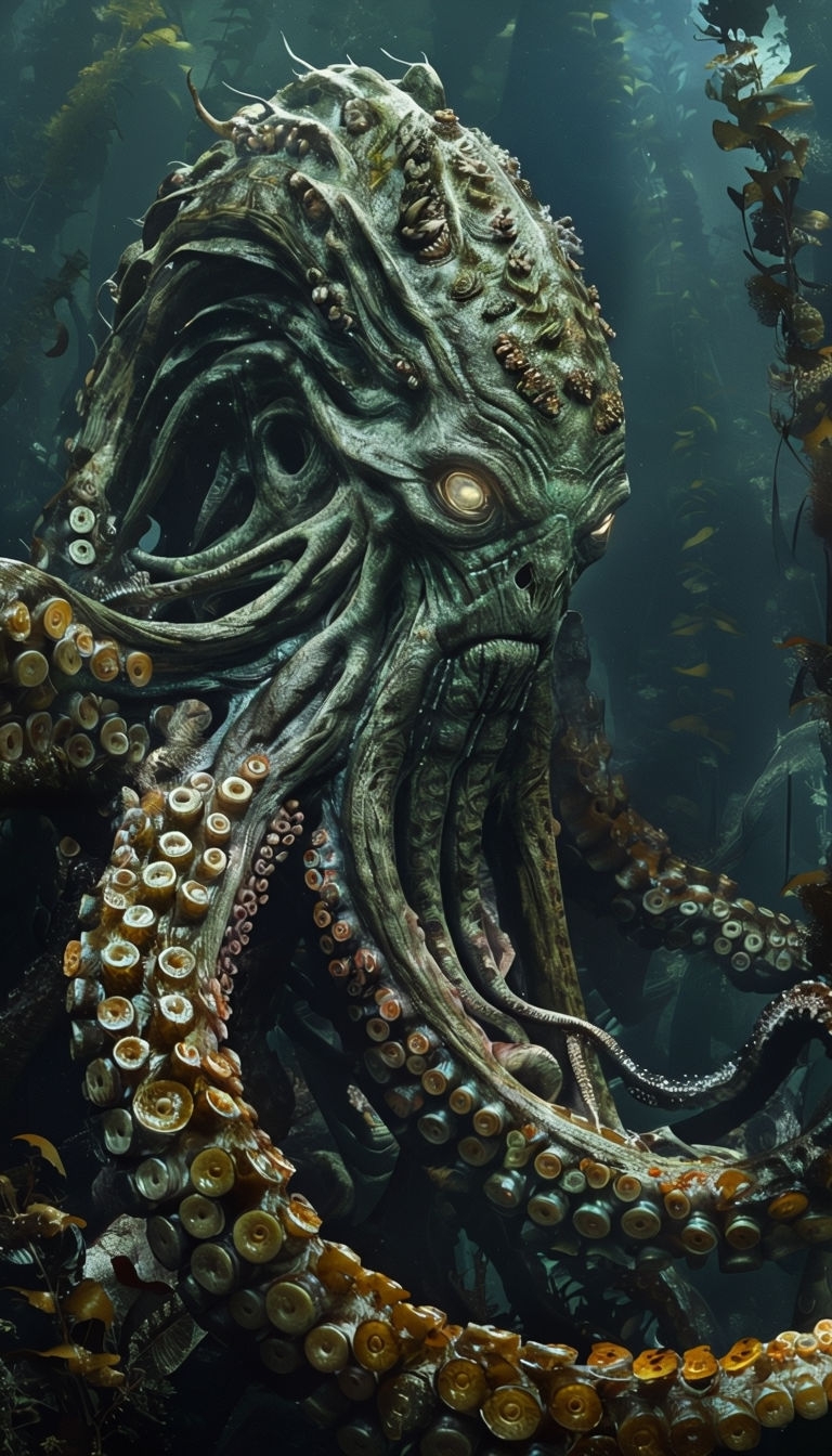 Ancient Kelp Forest Kraken with Bioluminescent Surroundings Mobile Wallpaper
