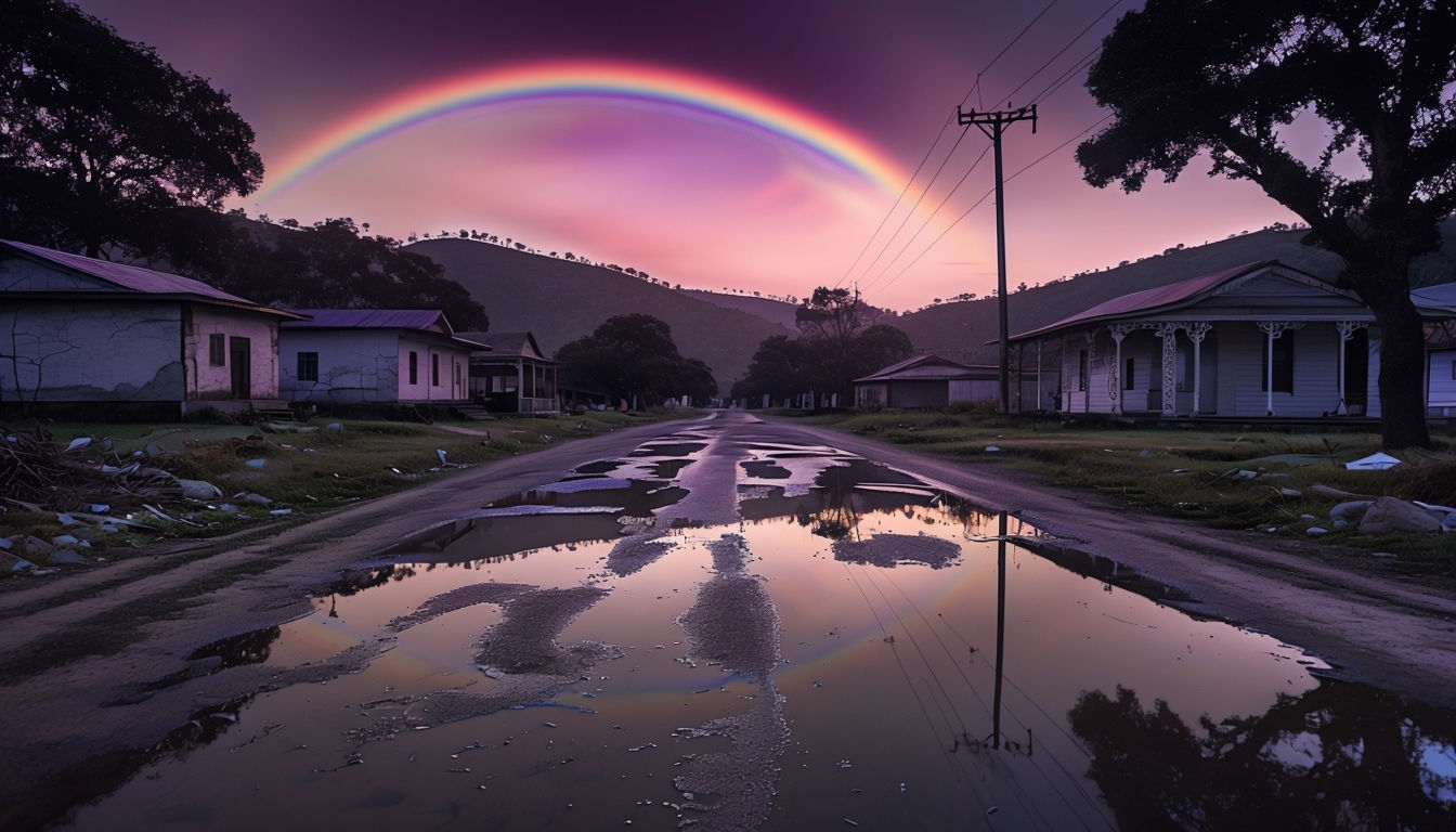 Serene Rural Landscape with Rainbow Reflection Virtual Background