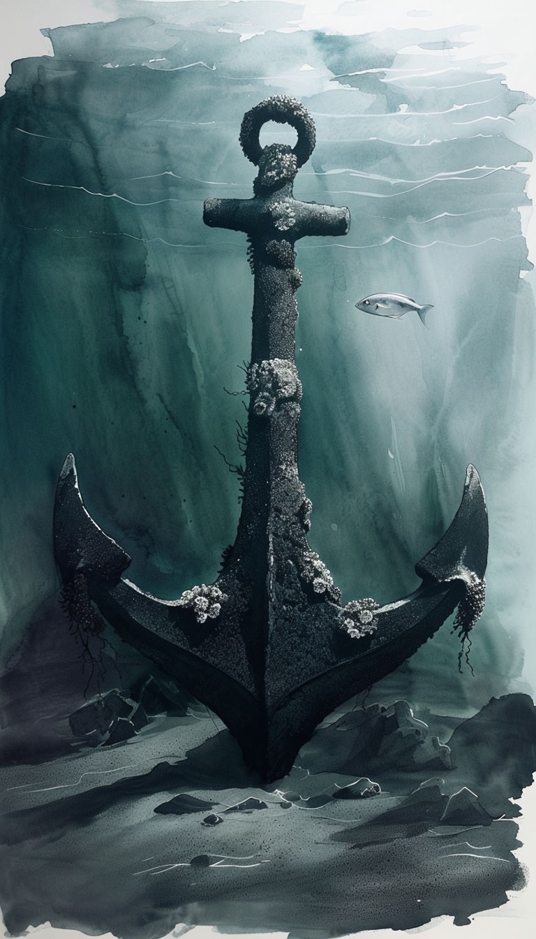 Ancient Anchor Ink Wash Artwork with Encrusted Sea Elements Mobile Wallpaper