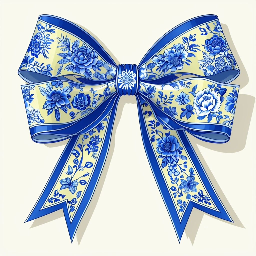 Ornate Blue Floral Bow Illustration on Cream Background Sticker