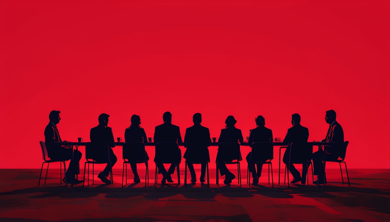 Silhouetted Figures at a Meeting Table on Crimson Background Virtual Backgrounds
