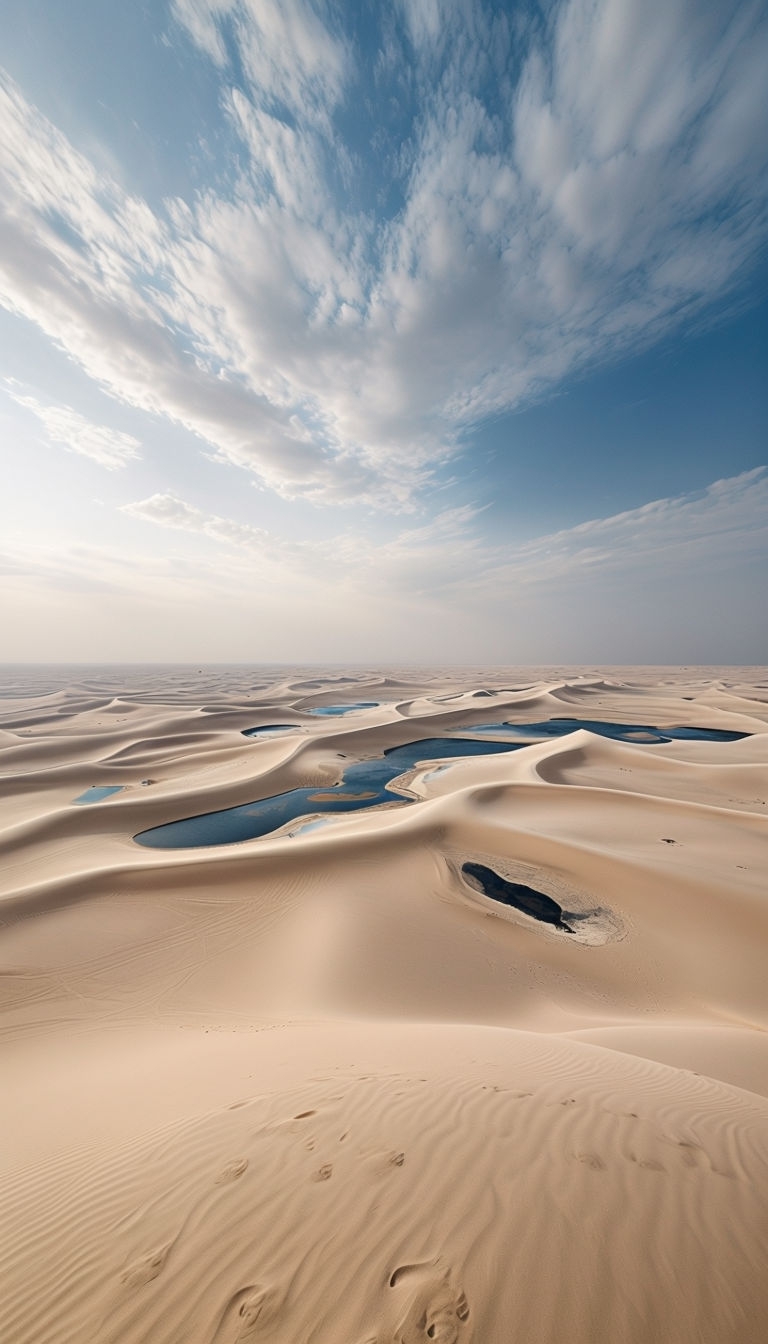 Breathtaking Desert Landscape with Dunes and Oasis Reflections Mobile Wallpaper