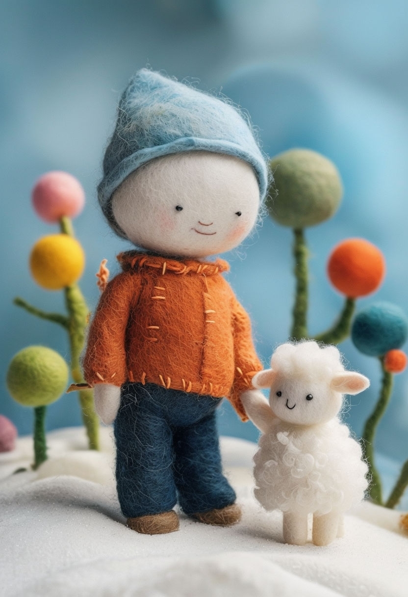 Whimsical Child and Sheep Felt Characters Art for Kids' Decor