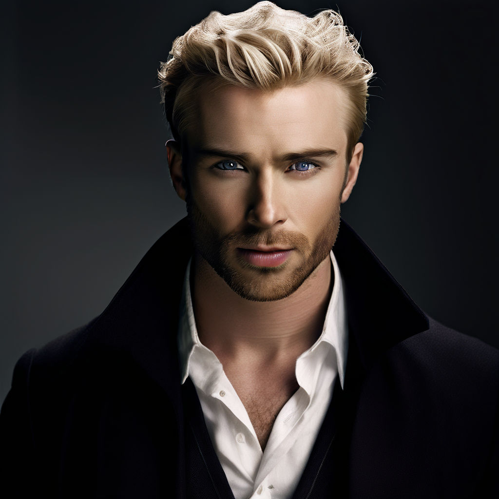 a hot blonde male with pale skin and blue eyes