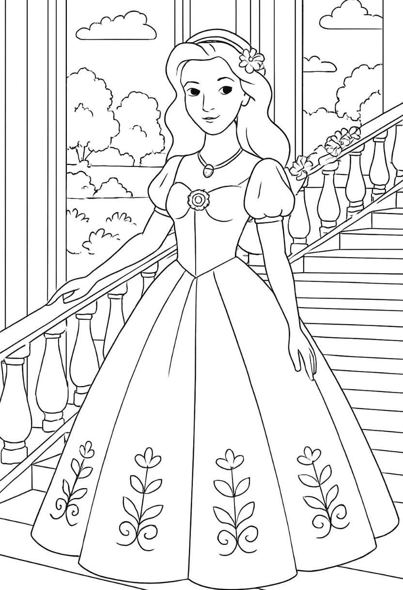 Elegant Princess on Staircase Line Drawing Coloring Book Page
