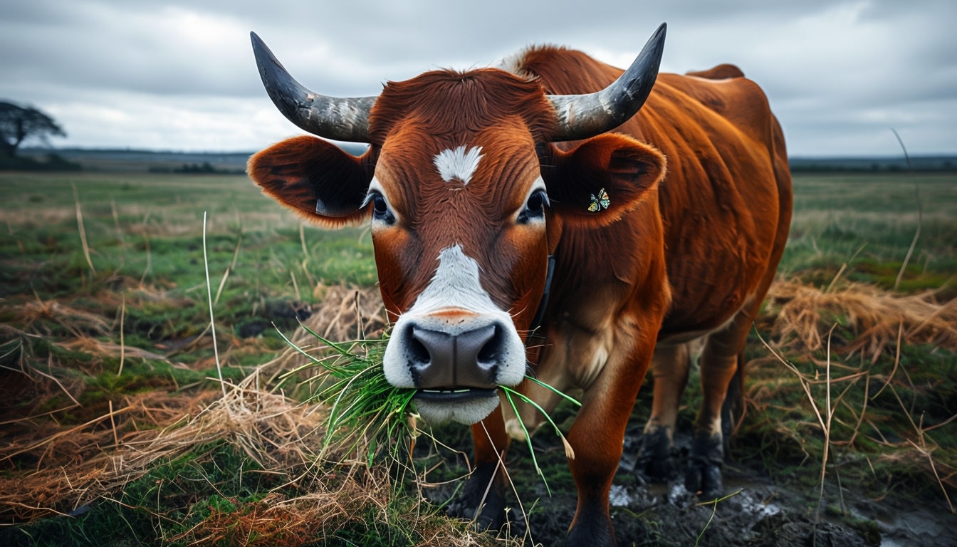 Serene Brown Cow in Grassy Field with Butterfly Virtual Background