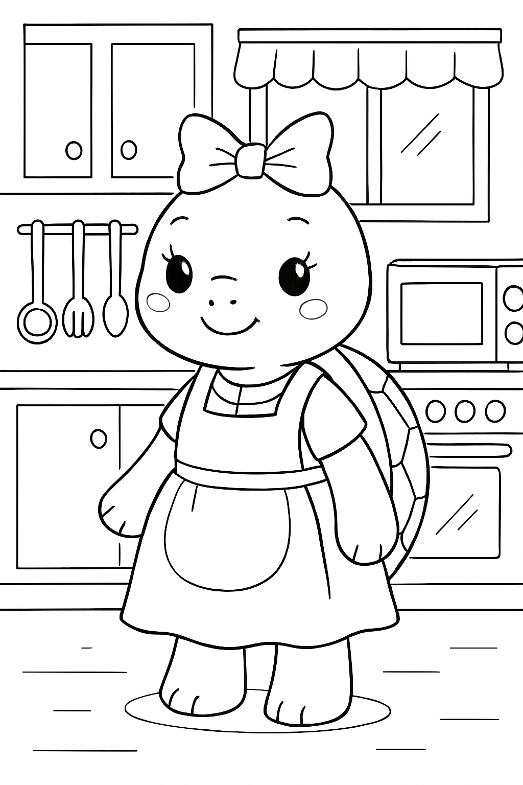 Cheerful Anthropomorphic Turtle in a Kitchen Scene Coloring Page