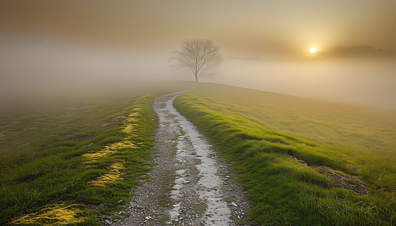 Serene Gravel Pathway Through Foggy Field at Sunrise Virtual Backgrounds