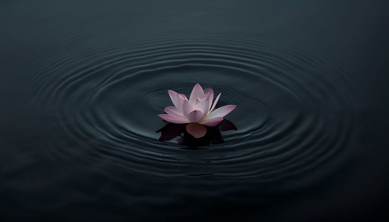 Tranquil Dark Water with Floating Pink Lotus Petal Background