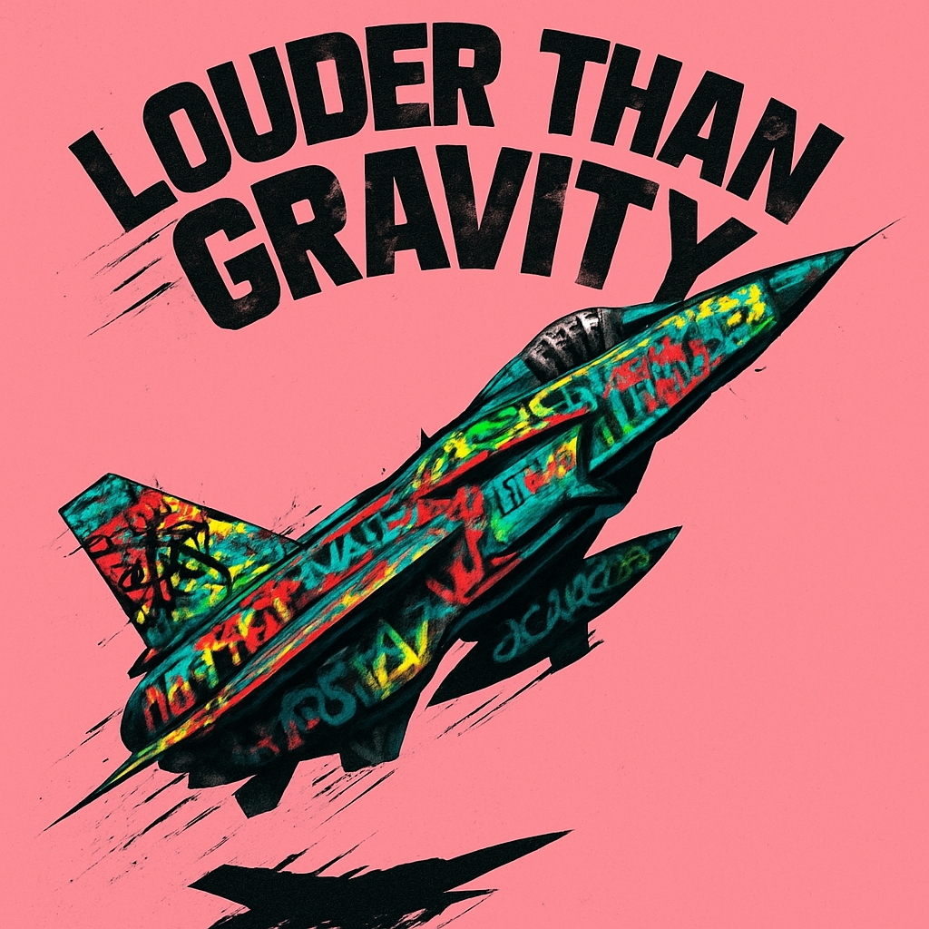 Vibrant Graffiti Fighter Jet with Louiser Than Gravity T-Shirt