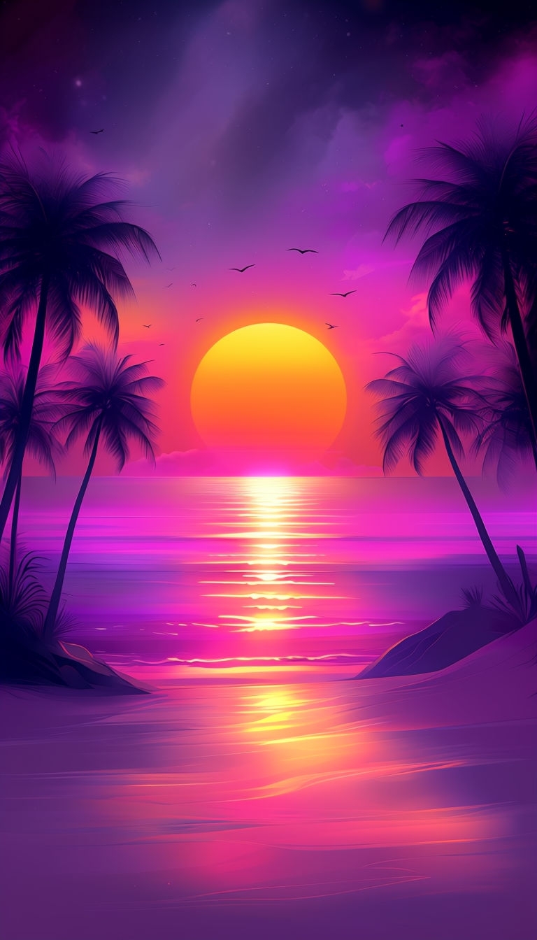 Vibrant Surreal Tropical Beach Sunset Digital Art Mobile Wallpaper