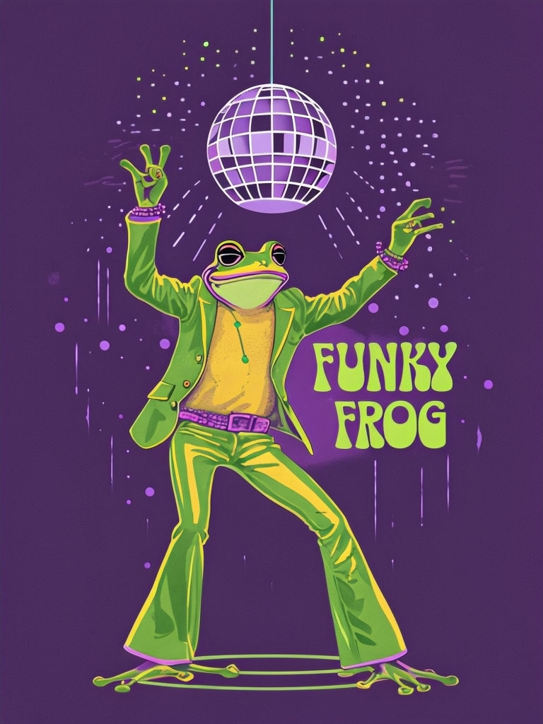 Funky Dancing Frog in Retro Clothes Under Disco Ball Poster