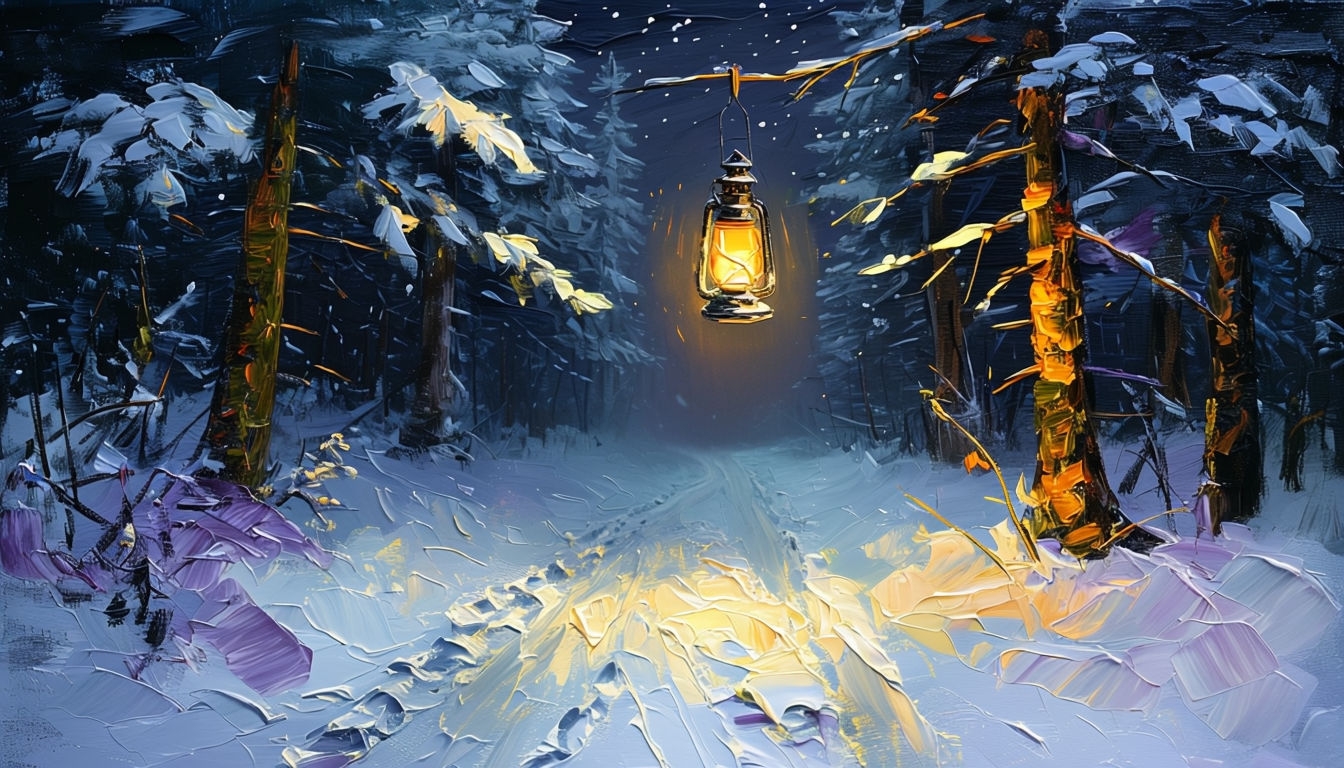 Snowy Forest Path at Night with Lantern Digital Artwork Background