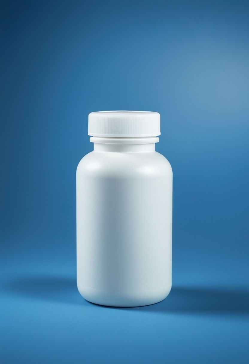Blank White Medical Supplement Bottle on Blue Background Mockup