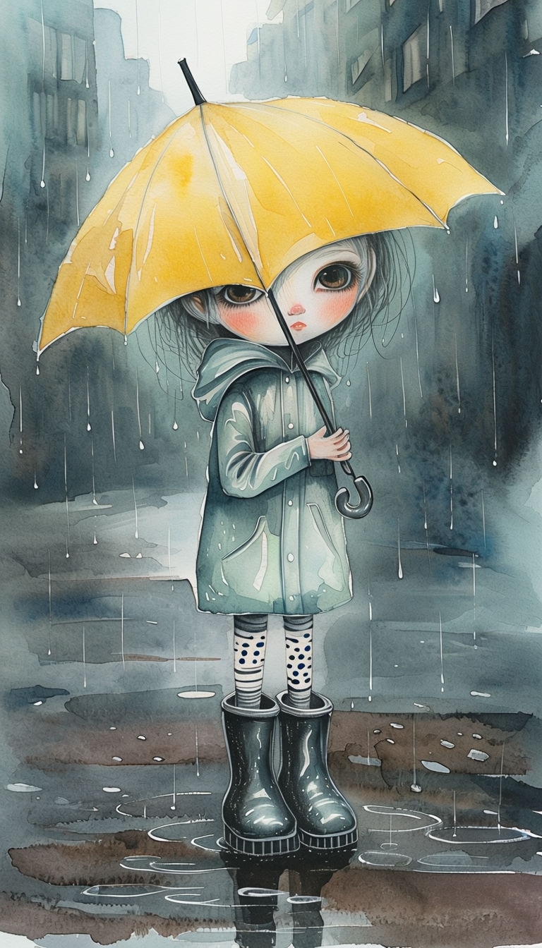 Whimsical Mint Green Rainy Day Illustration with Umbrella Art