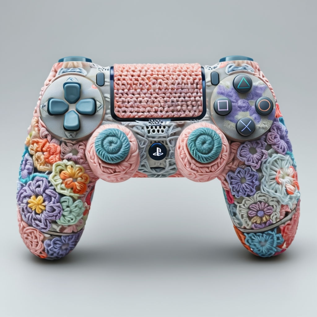 Vibrant Crochet PlayStation Controller Art with Intricate Floral Designs