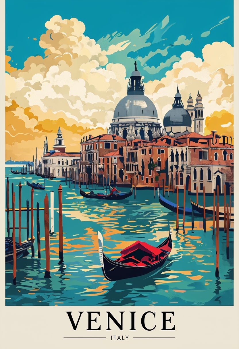 Vibrant Vintage Venice Canal Scene Travel Poster