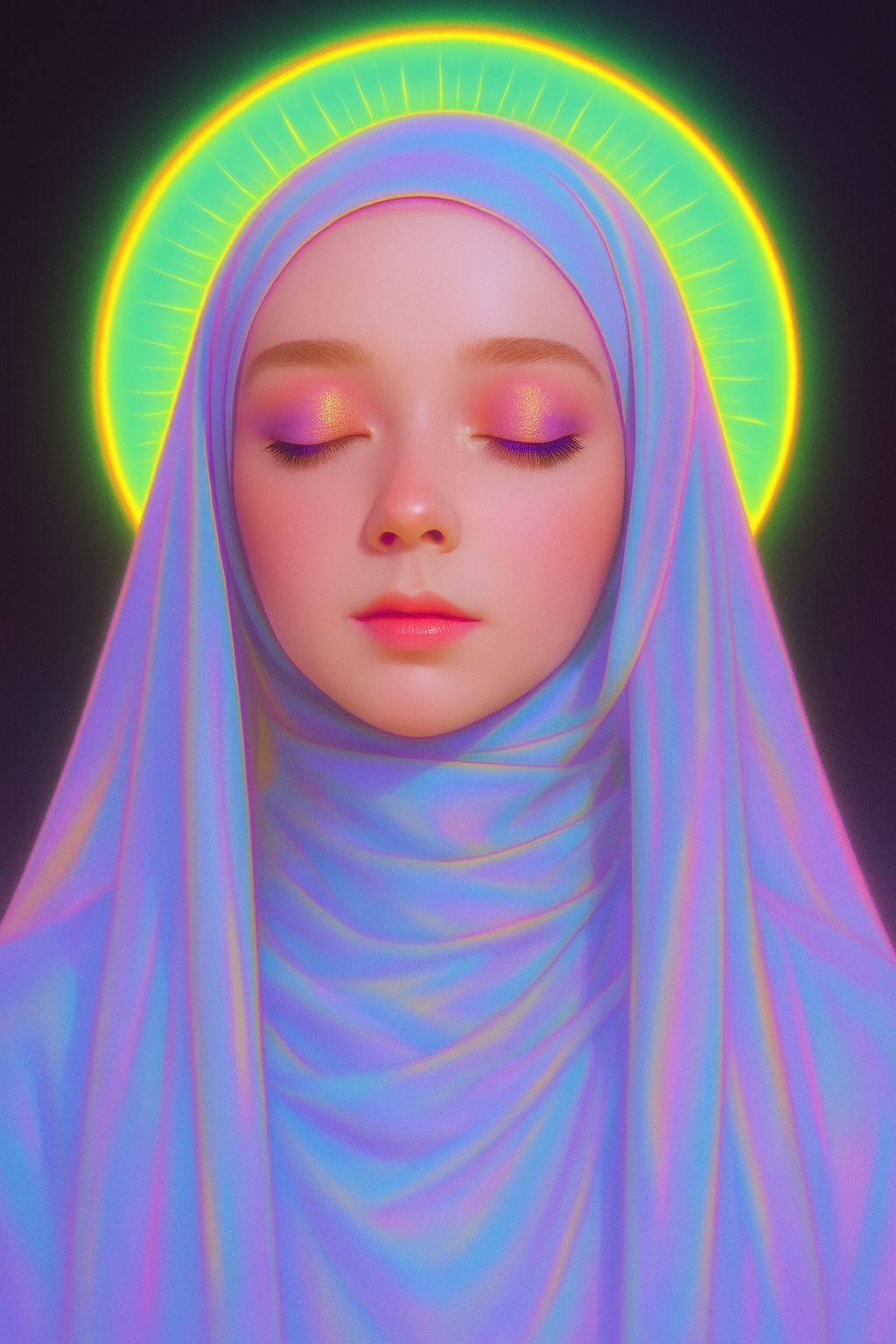 Iridescent Hijab Portrait with Neon Halo and Dreamlike Colors Art