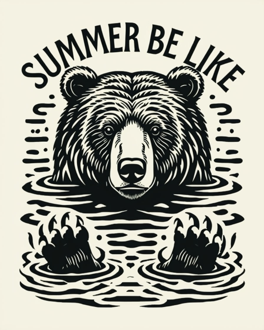 Stylized Black and White Bear Head Linocut T-Shirt