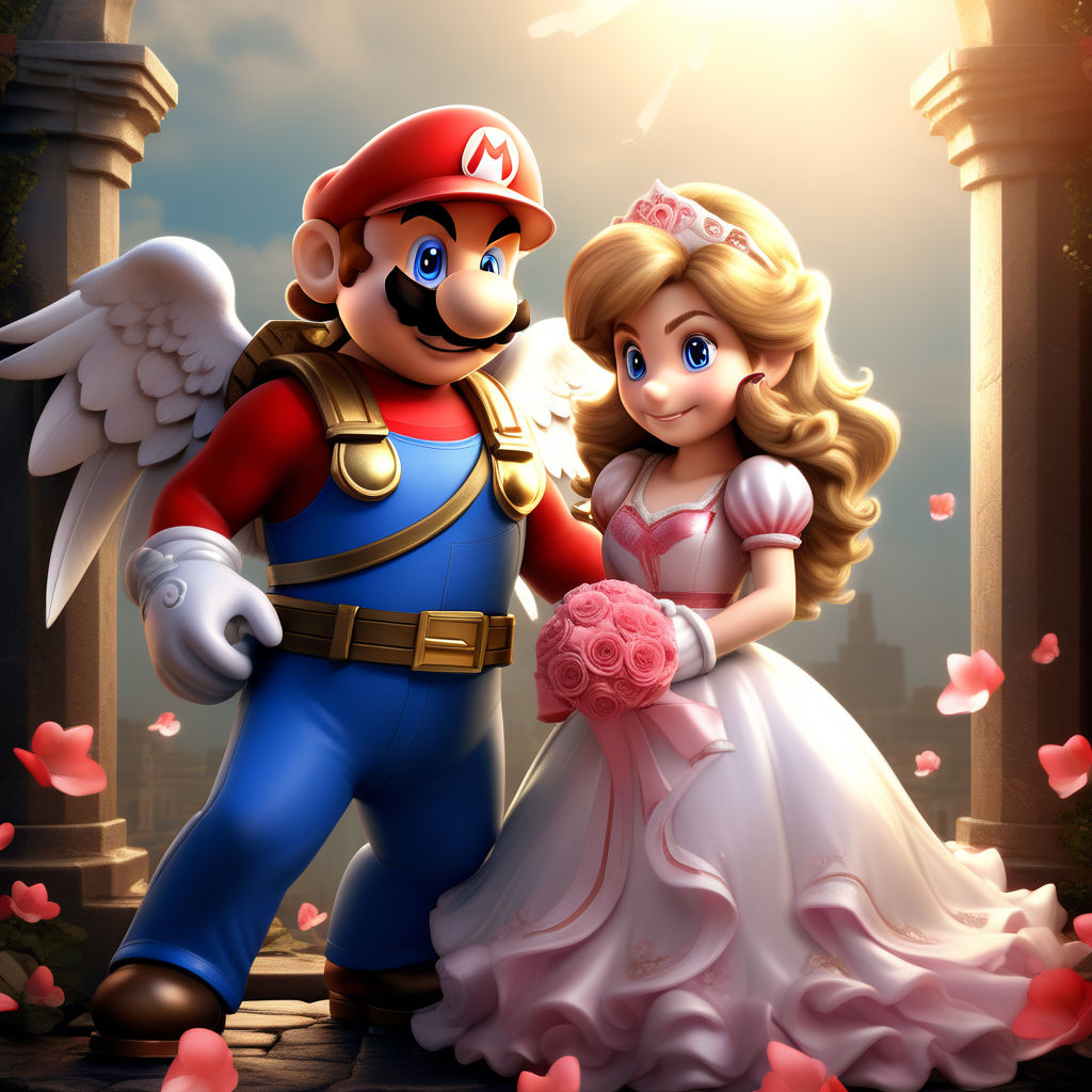 Super Mario Bros standing alongside Princess Peach during their vibrant  nuptials