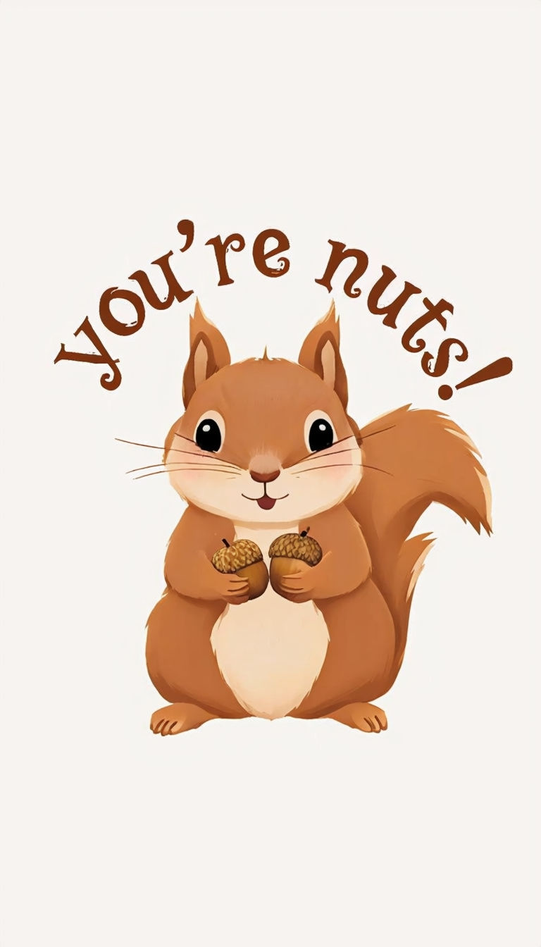 Whimsical 2D Cute Squirrel Holding Acorns - 'You're Nuts!' Art Design