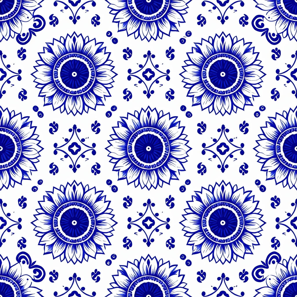 Elegant Navy Blue Sunflower Pattern Inspired by Talavera Ceramics Seamless Pattern