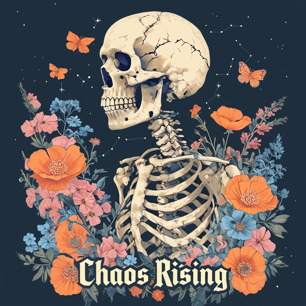 Intricate Skeleton Floral Design with "Chaos Rising" Title Spotify Album Cover