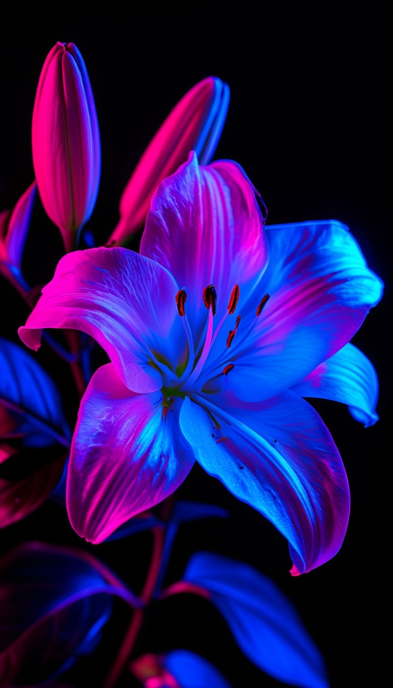 Vivid Neon Pink and Blue White Lily Close-Up Mobile Wallpaper