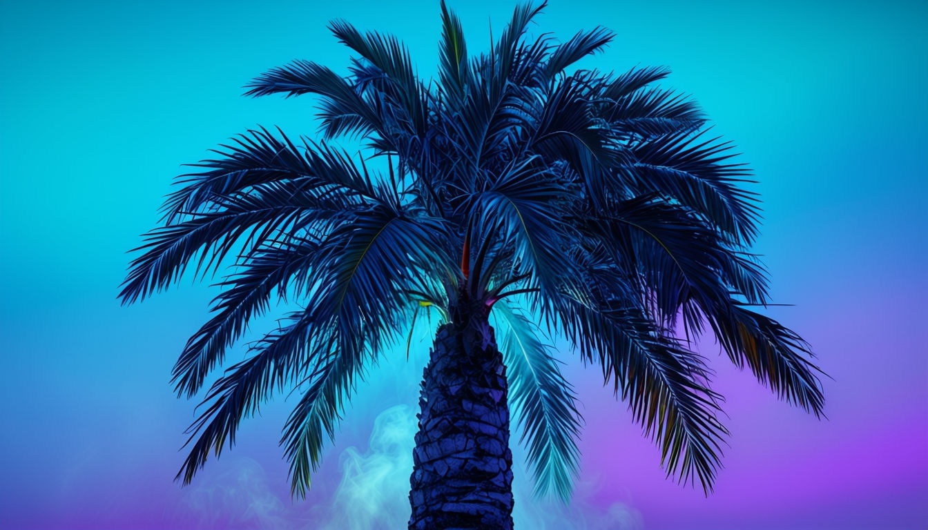 Surreal Palm Tree Against Vibrant Gradient Sky Virtual Background