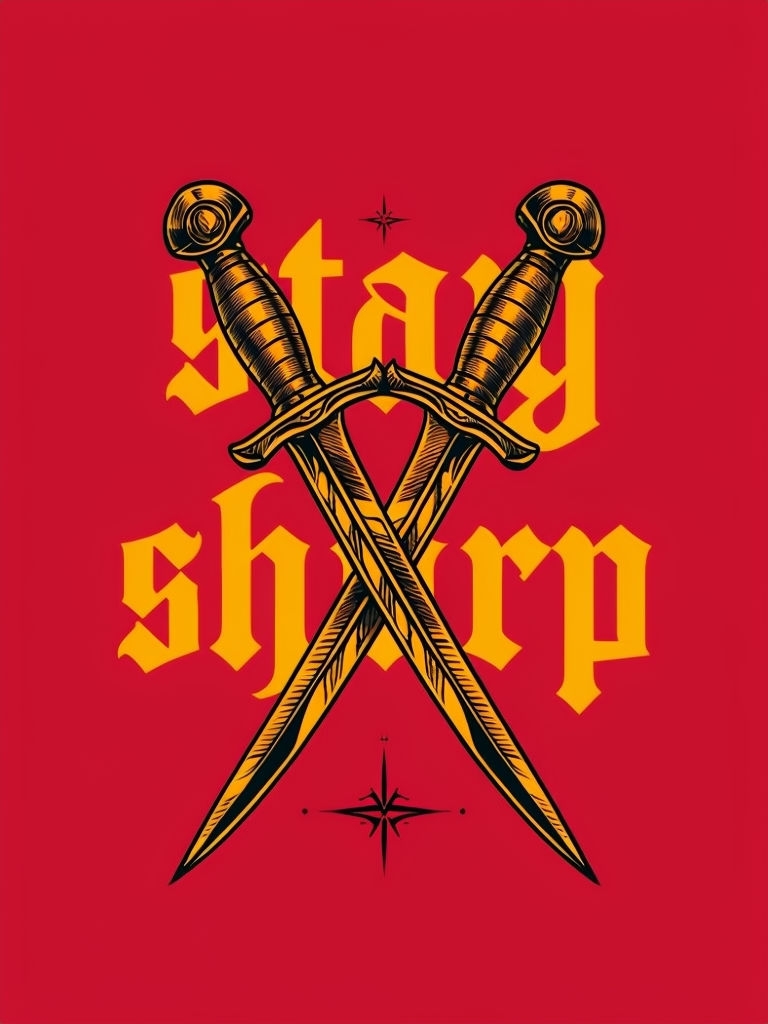 Intricate Black Daggers with Stay Sharp Text T-Shirt