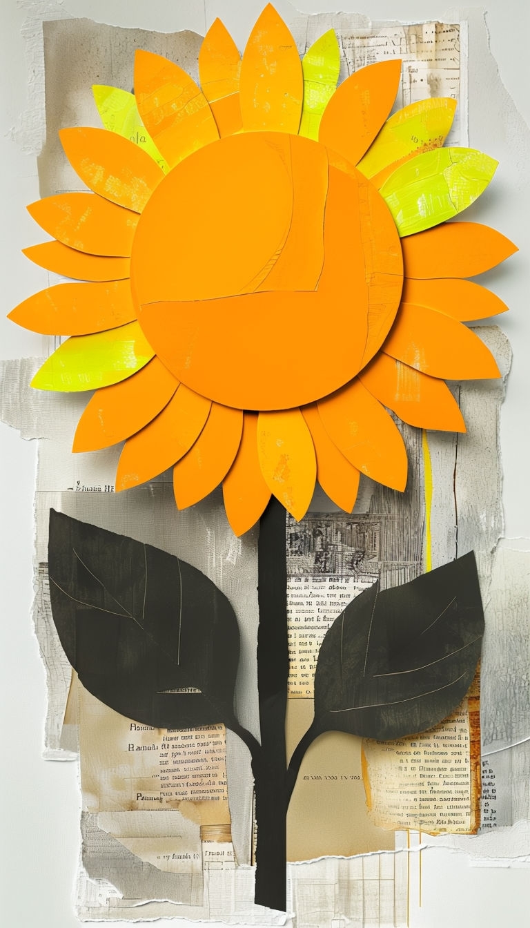 Vibrant Stylized Sunflower with Torn Paper Textures Mobile Wallpaper