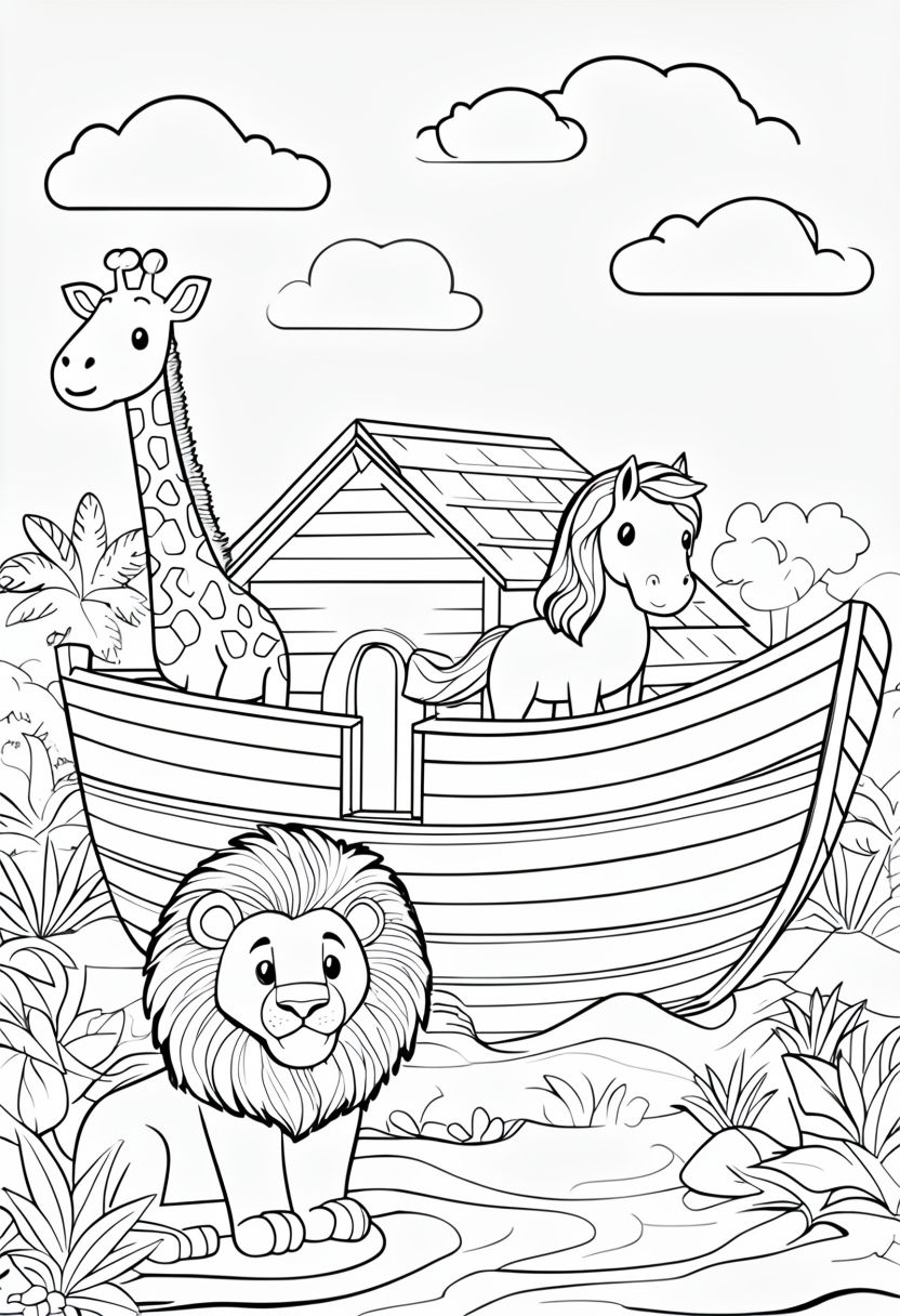 Whimsical Noah's Ark Animal Coloring Book Page