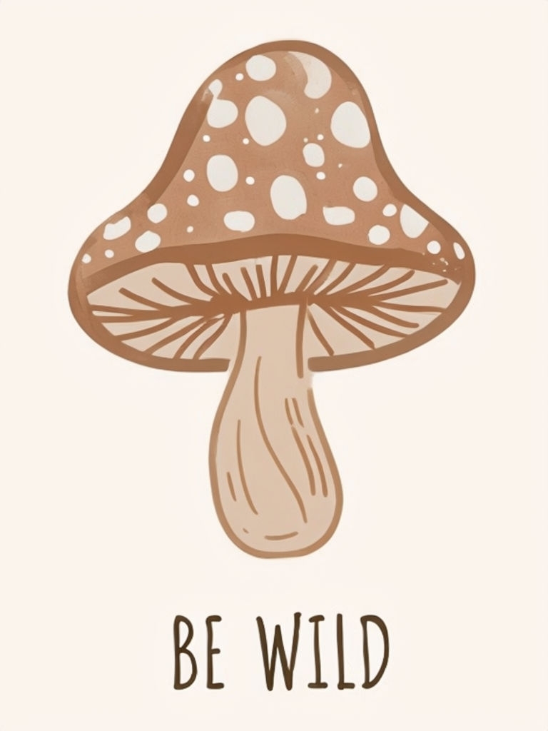 Whimsical Mushroom with 'Be Wild' Text Minimalist Poster