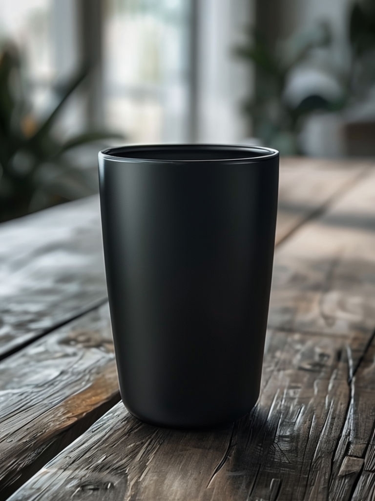 Sleek Matte Black Glass Tumbler on Rustic Table Mockup