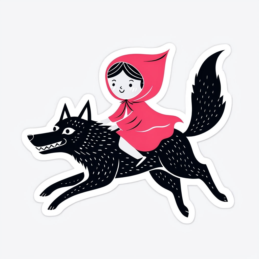 Playful Little Red Riding Hood Riding a Black Wolf Sticker