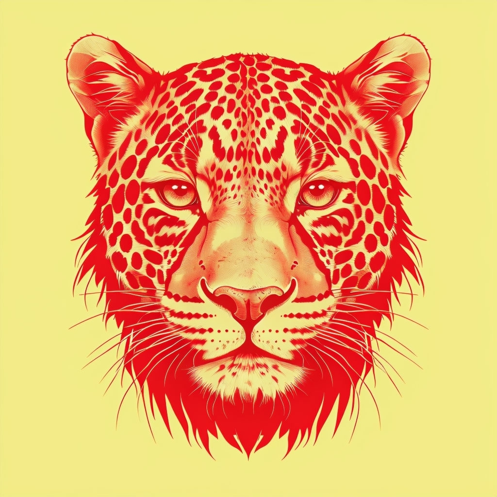 Vivid Red Leopard Face Illustration on Light Yellow Background T-shirt