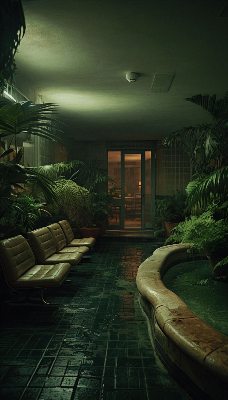 Moody Indoor Lounge with Tropical Plants Night Scene Mobile Wallpaper