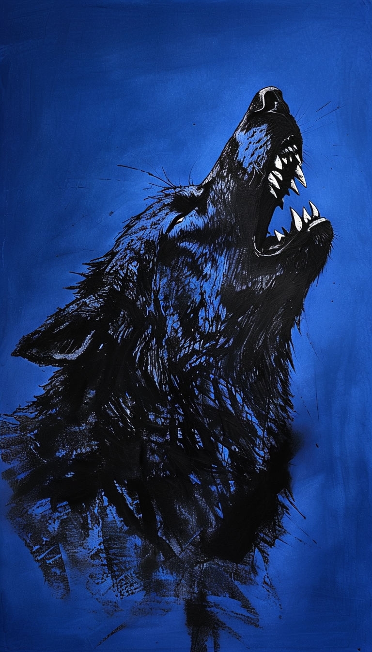 Charcoal Silhouette of Howling Wolf with Cobalt Blue Background Mobile Wallpaper