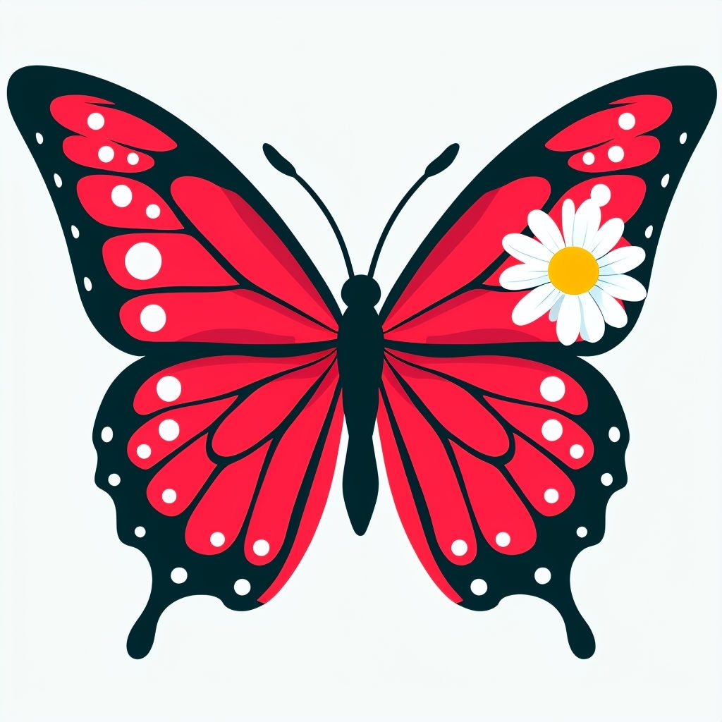Vibrant Scarlet Red Butterfly with Daisy Illustration Sticker