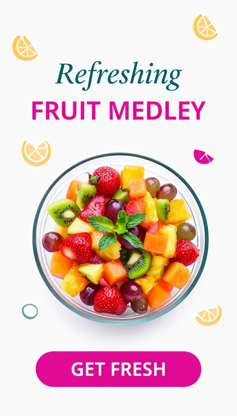 Vibrant Fruit Salad Overhead Shot with Stylish Typography Ad